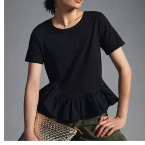 Anthropologie Maeve Asymmetrical Ruffle hem tee‎ top black Size M High Low NWOT